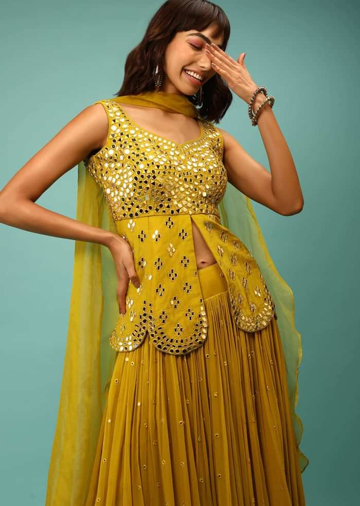 Antique Moss Green Skirt And Peplum Top Set With Mirror Abla Embroidery