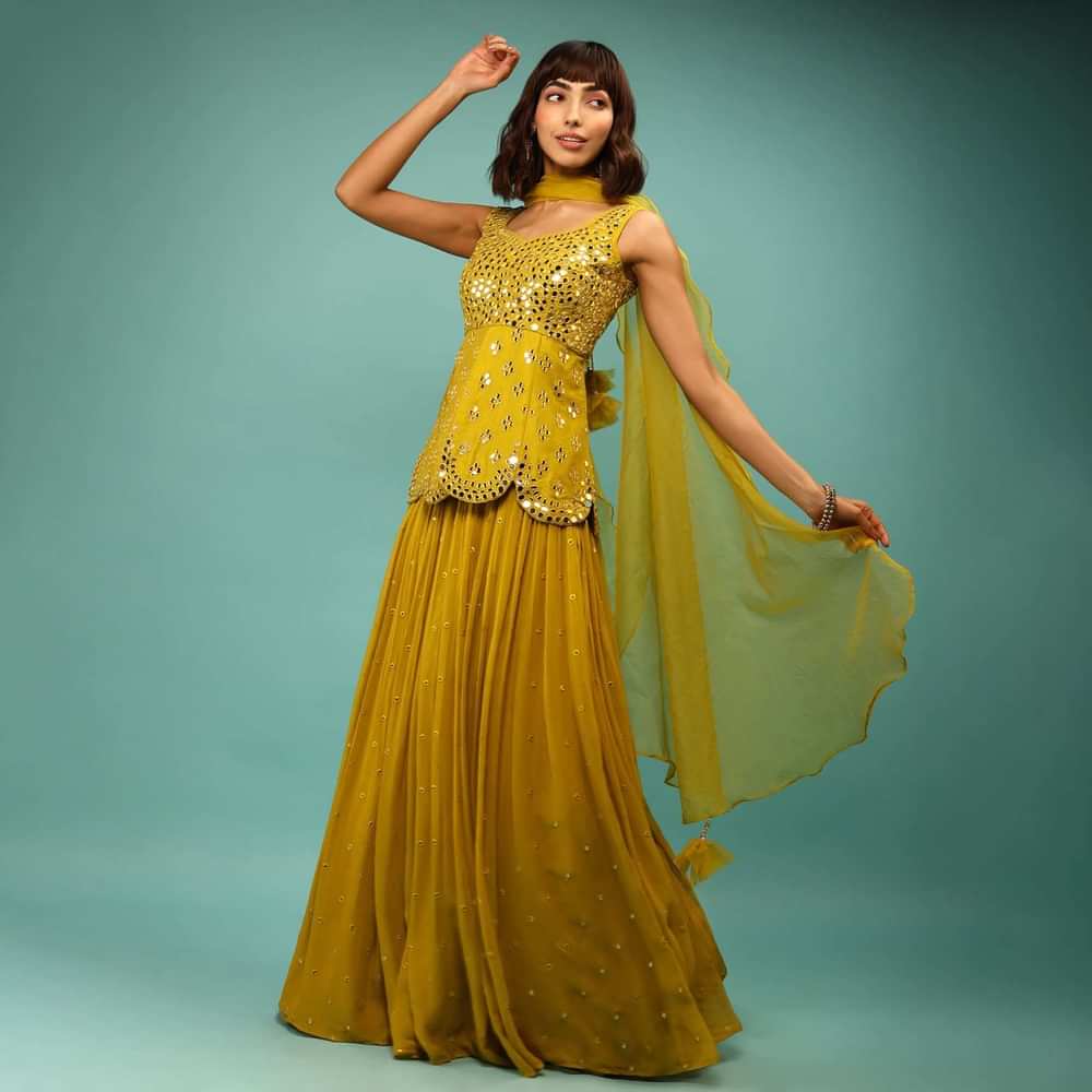 Antique Moss Green Skirt And Peplum Top Set With Mirror Abla Embroidery