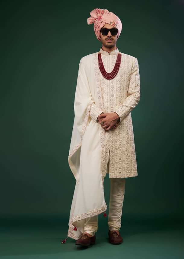 Cream White Sherwani Set In Raw Silk With Embroidery