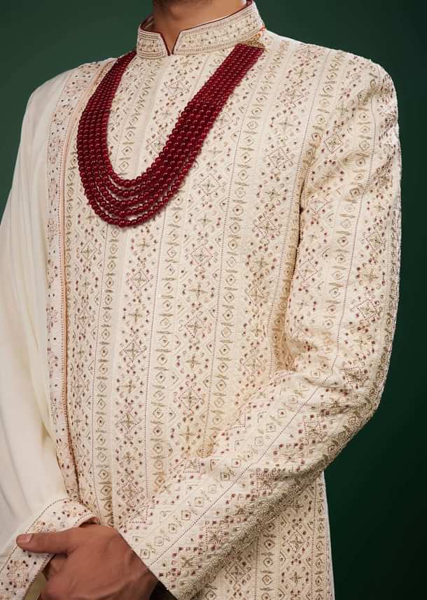 Cream White Sherwani Set In Raw Silk With Embroidery