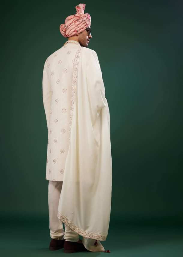 Cream White Sherwani Set In Raw Silk With Embroidery