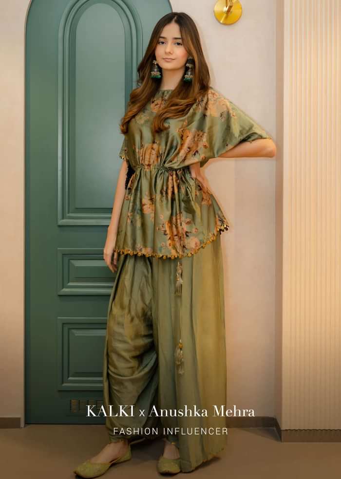 Tea Green Satin Peplum Top And Dhoti Pants With A Floral Print