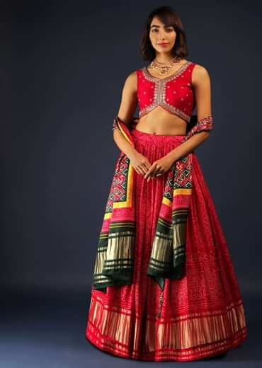 Apple Red Lehenga In Bandhani Printed Satin With Zardosi Embroidered Choli And Patola Dupatta