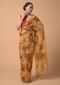 Apricot Yellow Saree In Organza With Floral Print And Moti Accents