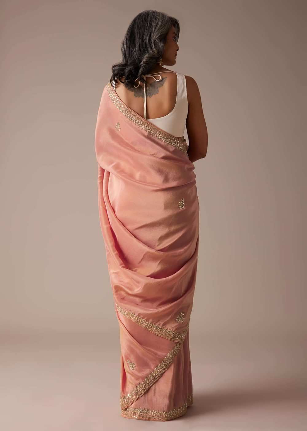 Apricot Blush Dupion Silk Saree With Gotta Patti Embroidered Floral Buttis