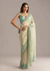 Aqua Blue Jacquard Saree With Mirror And Bead Embroidery