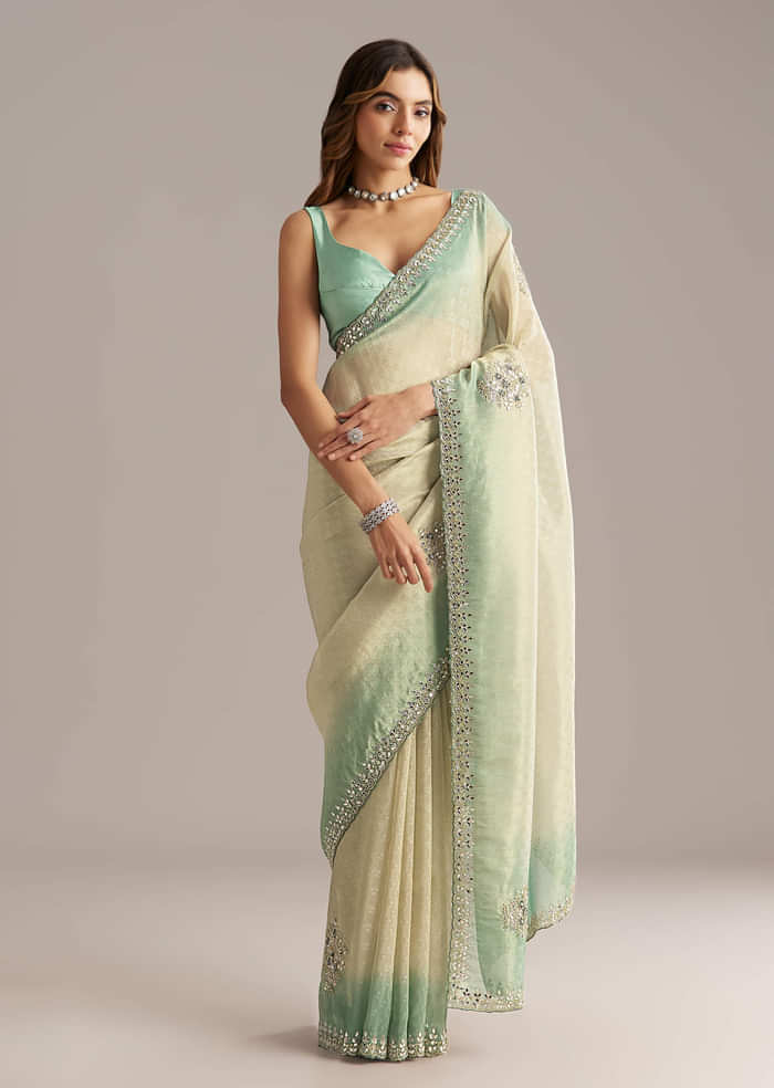 Aqua Blue Jacquard Saree With Mirror And Bead Embroidery