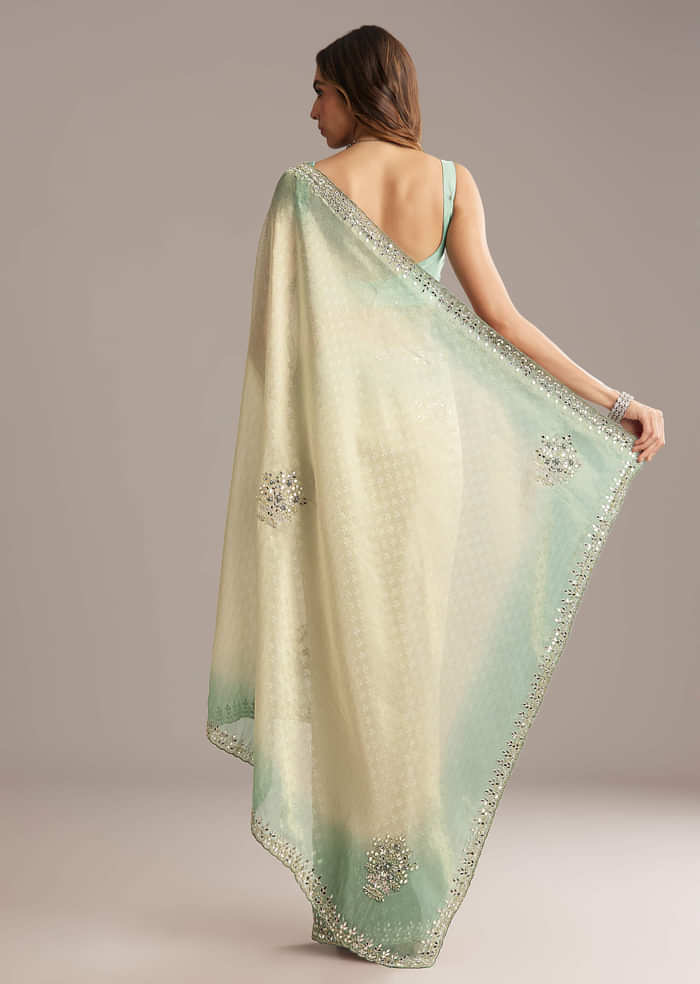 Aqua Blue Jacquard Saree With Mirror And Bead Embroidery