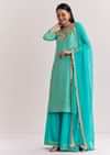 Aqua Blue Leheriya Kurta Palazzo Suit With Zardosi And Moti Work
