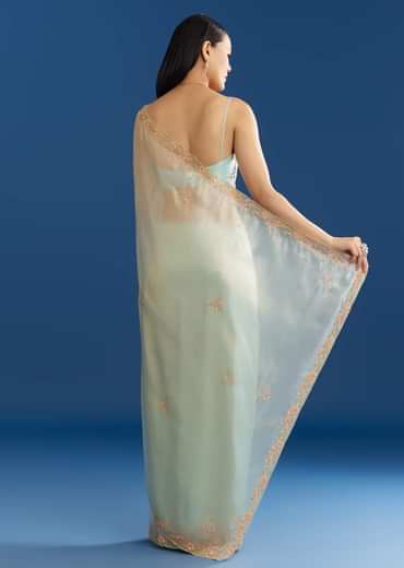 Aqua Blue Organza Tissue Saree With Multicolor Border