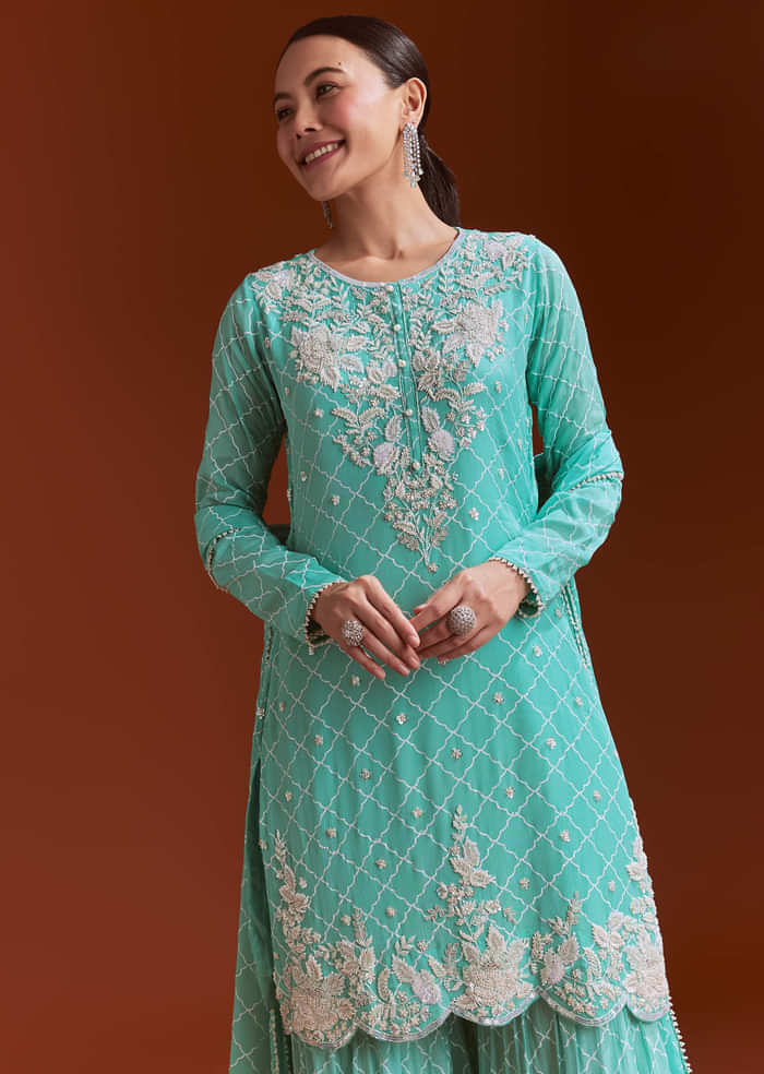 Aqua Blue Chinon Sharara Set With Cutdana And Sequins