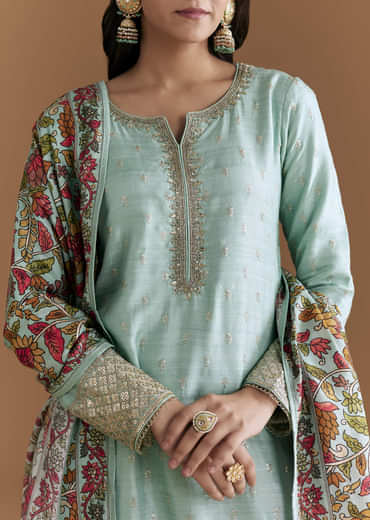 Aqua Blue Silk Embroidered Kurta Set With Kalamkari Floral Print Dupatta
