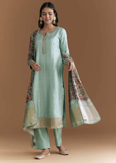 Aqua Blue Silk Embroidered Kurta Set With Kalamkari Floral Print Dupatta