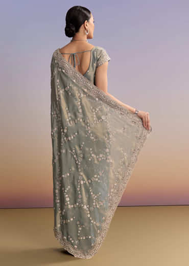Aqua Blue Tissue Embroidered Saree With Cutdana And Stone Work