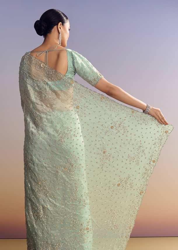 Aqua Blue Tissue Saree With Cutwork And Unstitched Embellished Blouse
