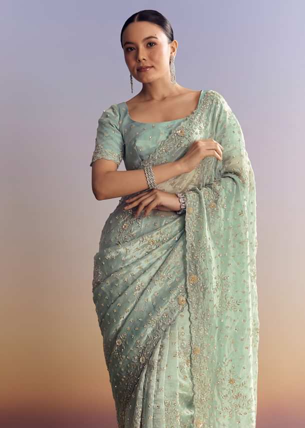Aqua Blue Tissue Saree With Cutwork And Unstitched Embellished Blouse
