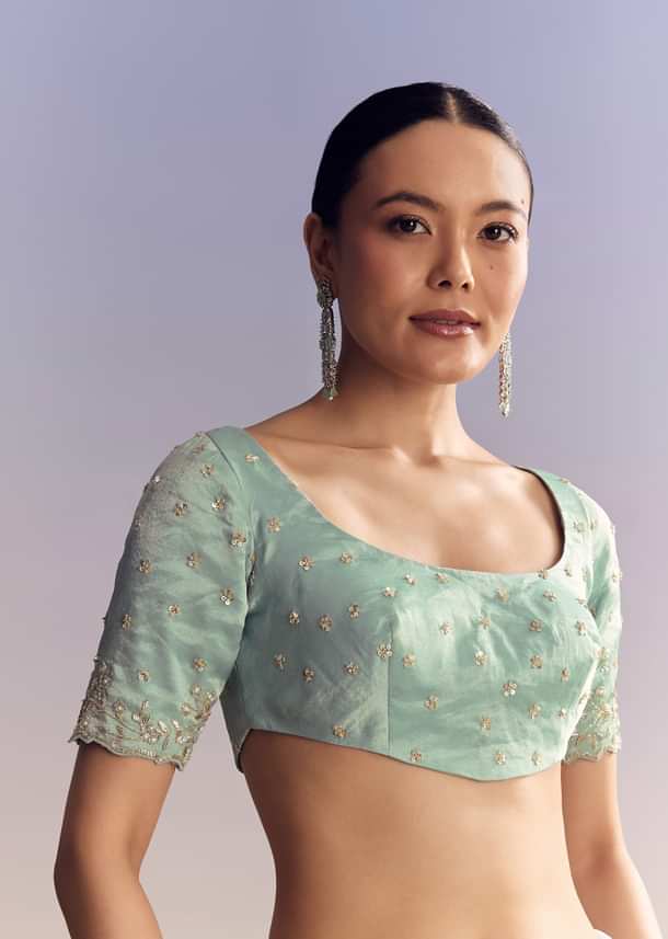 Aqua Blue Tissue Saree With Cutwork And Unstitched Embellished Blouse