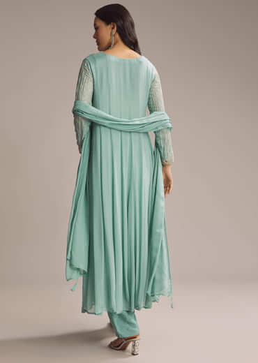 Aqua Green Chinon Anarkali Suit With Cutdana And Sequins Work