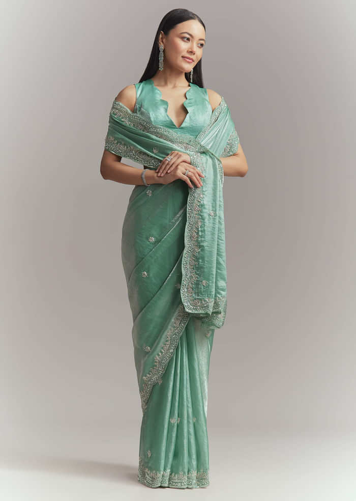 Aqua Green Chinon Embroidered Saree With Floral Embroidery