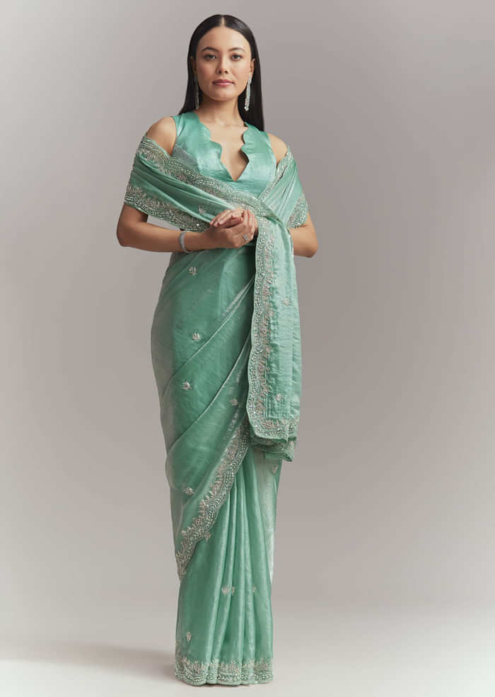 Aqua Green Chinon Embroidered Saree With Floral Embroidery
