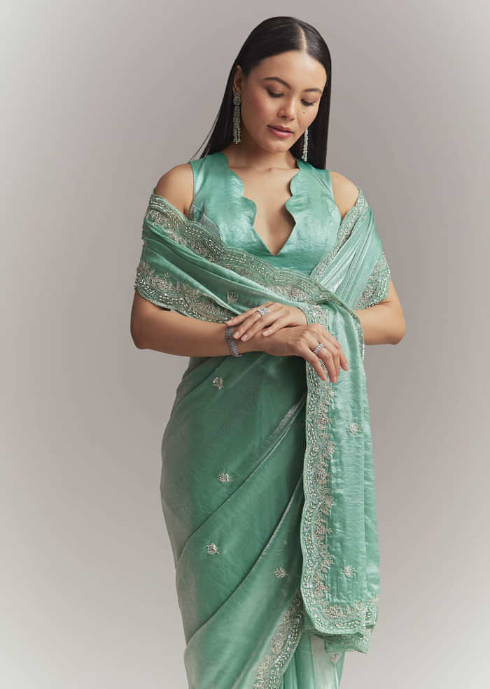 Aqua Green Chinon Embroidered Saree With Floral Embroidery