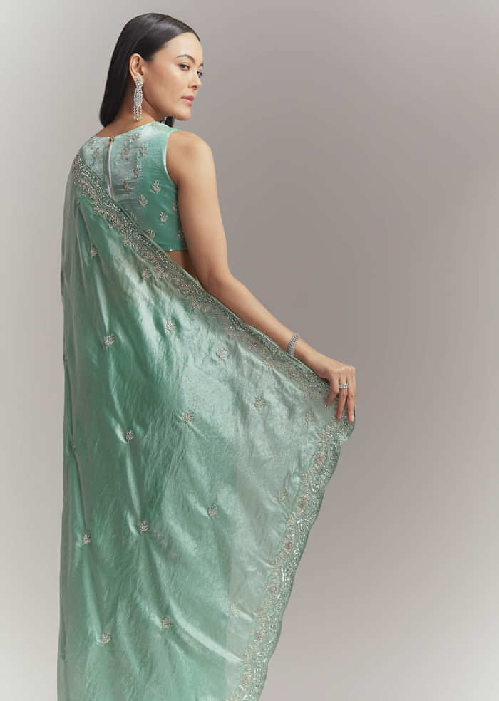 Aqua Green Chinon Embroidered Saree With Floral Embroidery