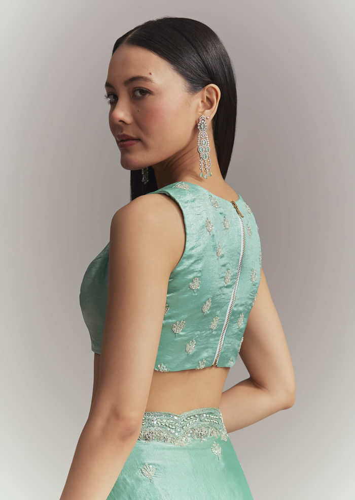 Aqua Green Chinon Embroidered Saree With Floral Embroidery