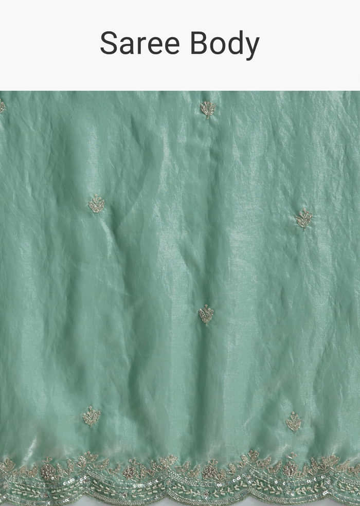 Aqua Green Chinon Embroidered Saree With Floral Embroidery