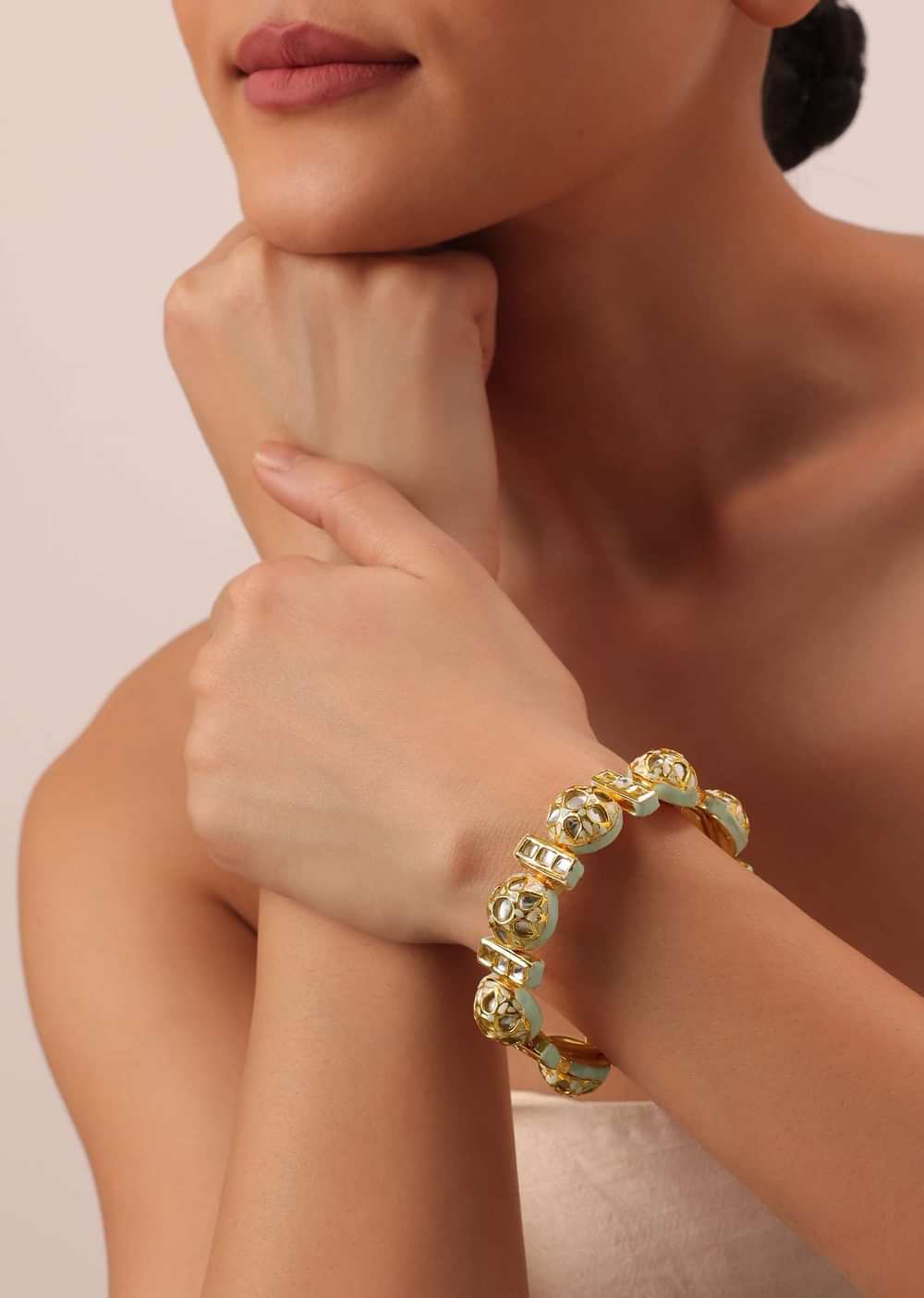 Aqua Bangle With Studded Kundan And Meenakari Detail
