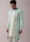 Aqua Blue Achkan Jacket Sherwani Set With Floral Print In Silk With Mirrorwork