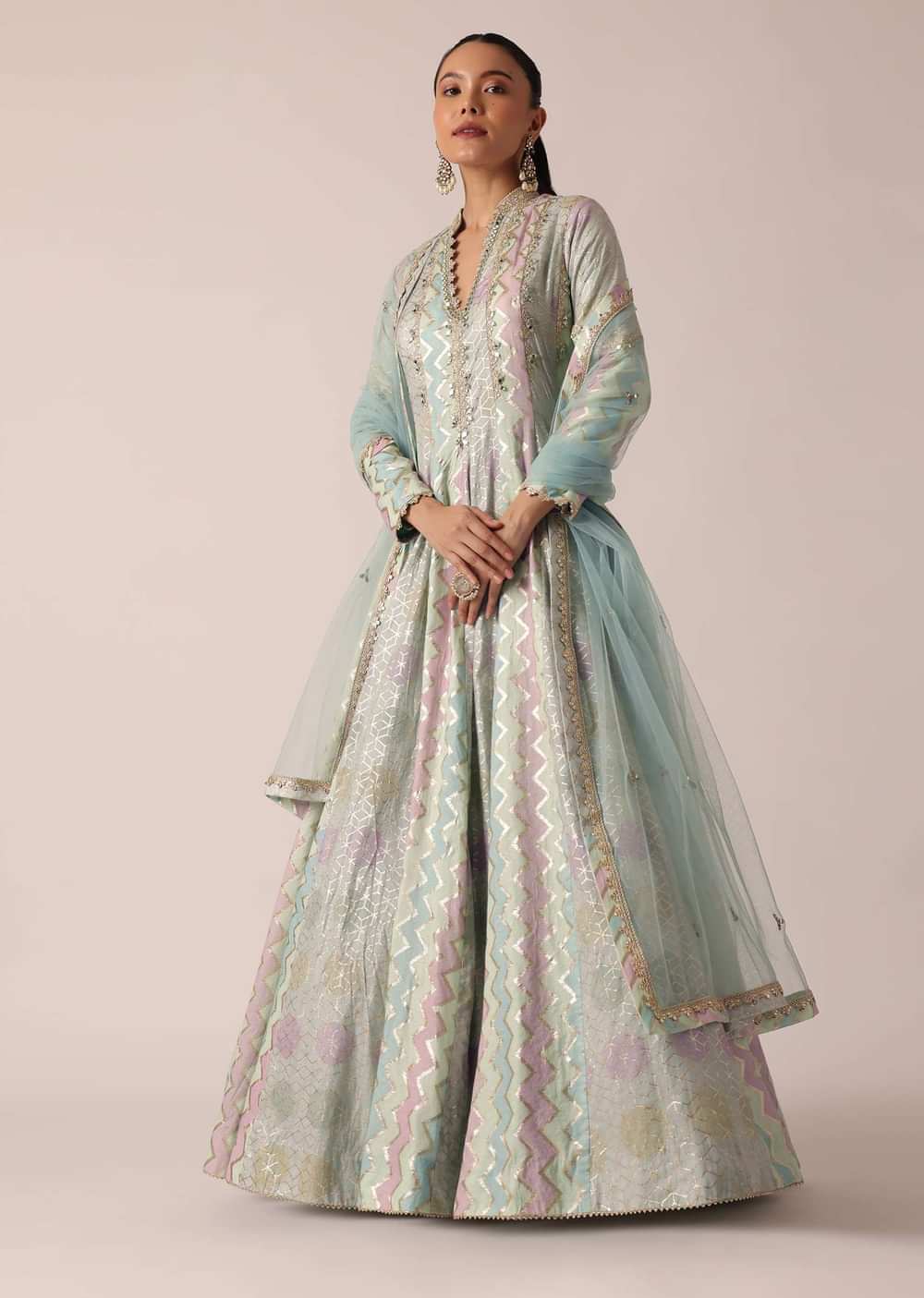 Aqua Blue Chanderi Anarkali Set With Brocade Detail