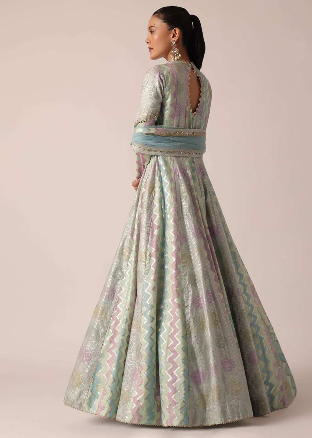 Aqua Blue Chanderi Anarkali Set With Brocade Detail