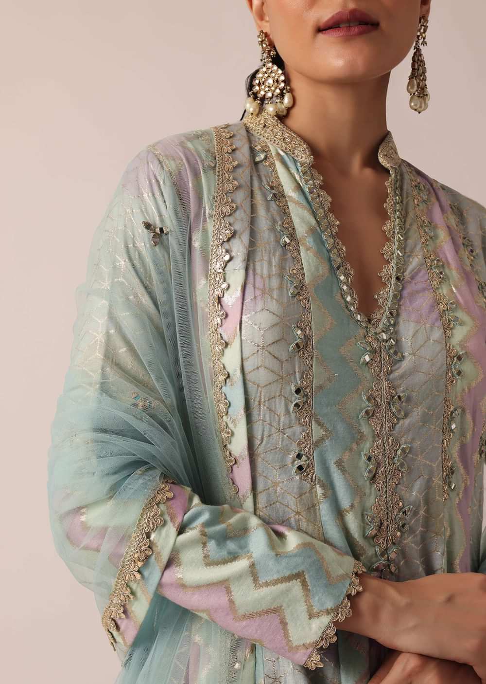 Aqua Blue Chanderi Anarkali Set With Brocade Detail