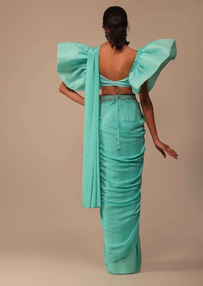Aqua Blue Crepe Saree With Fancy Sleeves Organza Blouse