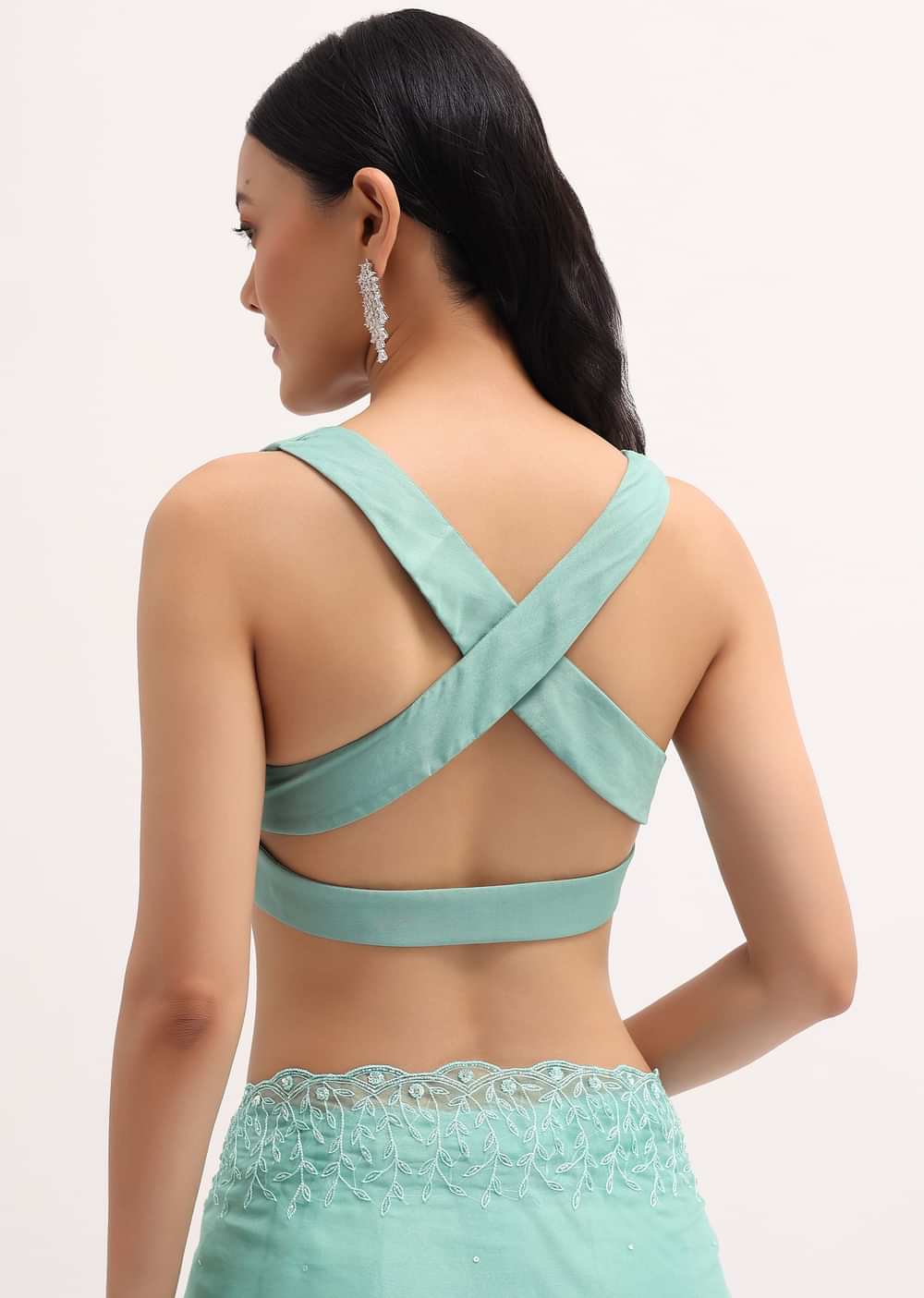 Aqua Blue Embroidered Organza Saree With Unstitched Blouse