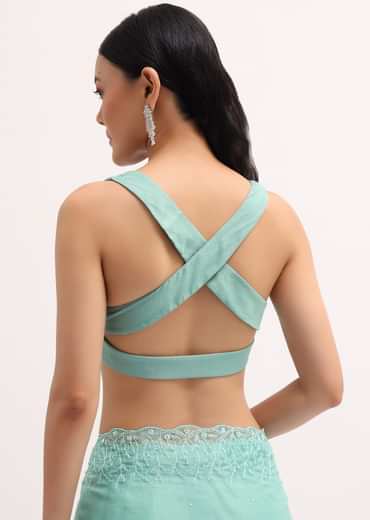 Aqua Blue Embroidered Organza Saree With Unstitched Blouse