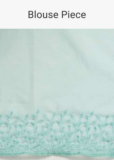 Aqua Blue Embroidered Organza Saree With Unstitched Blouse