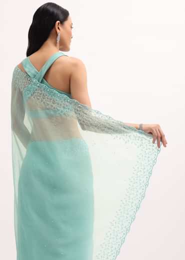 Aqua Blue Embroidered Organza Saree With Unstitched Blouse
