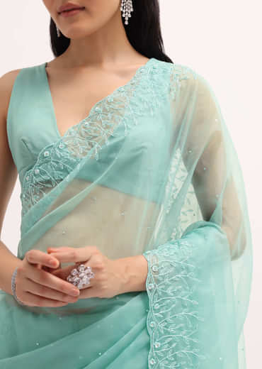 Aqua Blue Embroidered Organza Saree With Unstitched Blouse
