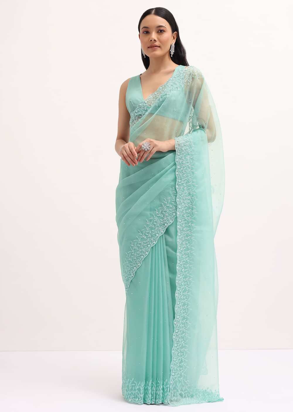 Aqua Blue Embroidered Organza Saree With Unstitched Blouse