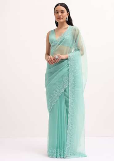 Aqua Blue Embroidered Organza Saree With Unstitched Blouse