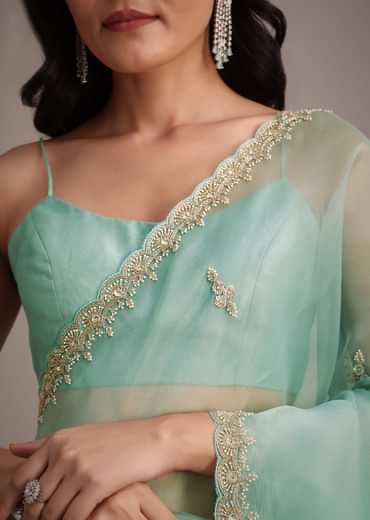 Aqua Blue Glass Tissue Embroidered Saree With Cutdana Work