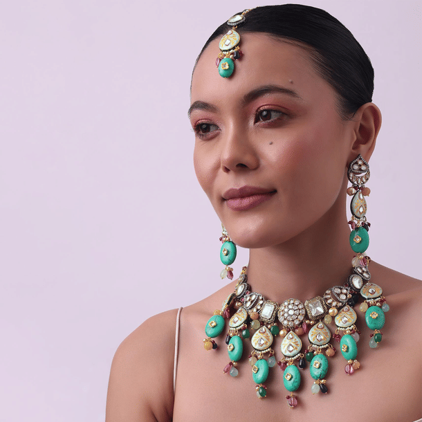 Aqua Blue Gold Finish Choker Set With Maang Tikka And Earrings Aqua Blue Gold Finish Choker Set With Maang Tikka And Earrings