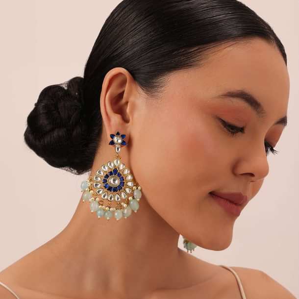 Aqua Blue Kundan Danglers With Stone Drops Aqua Blue Kundan Danglers With Stone Drops