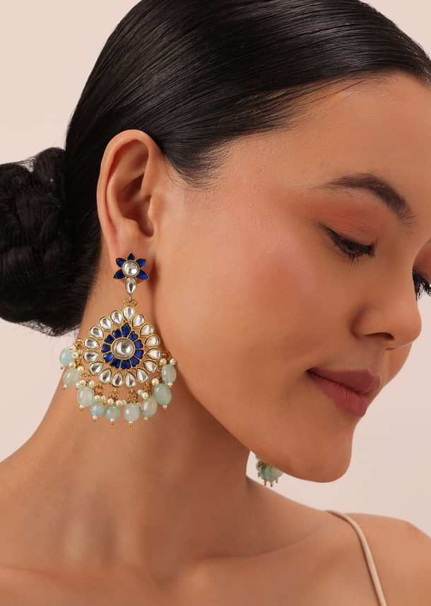 Aqua Blue Kundan Danglers With Stone Drops Aqua Blue Kundan Danglers With Stone Drops