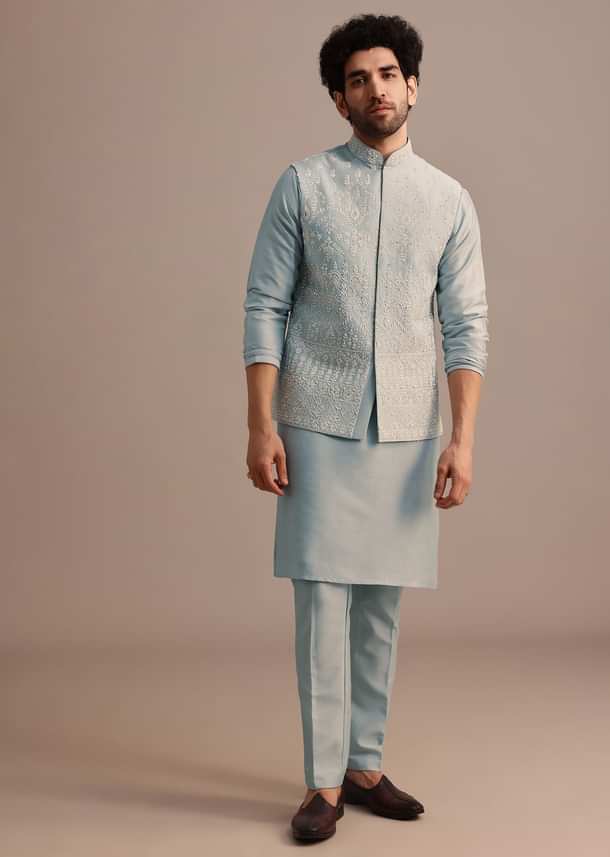 Aqua Blue Kurta Jacket Set With Thread Work For Men