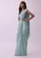 Aqua Blue Saree And Stitched Velvet Blouse With Hanging Crystals