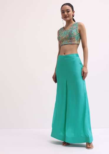 Aqua Blue Printed Palazzo Set With Jacket