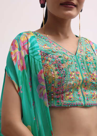 Aqua Blue Printed Palazzo Set With Jacket
