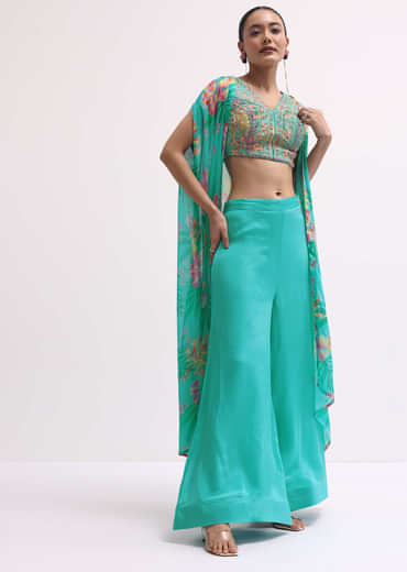 Aqua Blue Printed Palazzo Set With Jacket